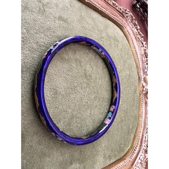 Vintage Cloisonne Enamel Bangle Bracelet Blue Cobalt Floral Flowers - Picture 3 of 8